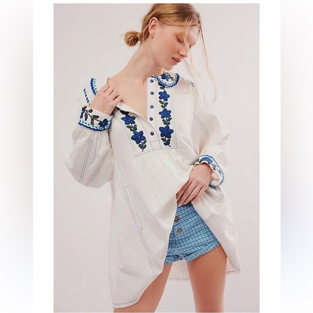 Free People More To Come Mini Dress Size S Embroidered Collared Peasant NWOT